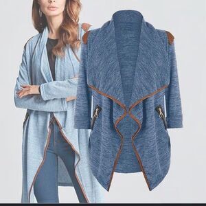 Fasions Blue Draped Cardigan XL /L Faux Suede Shoulder Patches Zip Pocket Open